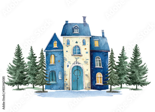 half-timbered house in winter forest landscape, watercolor vector illustration, template for decoration, christmas cards or paper design