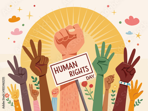Celebrating human rights day with diverse hands raised in unity and peace for social justice globally