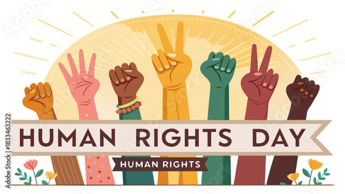 Diverse hands raised in solidarity for human rights day with a banner and sunburst background