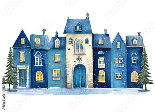 Terraced house settlement, artistic winter village watercolor illustration with firs, vector template for christmas greeting cards or real estate advertising, blue colours isolated on white background