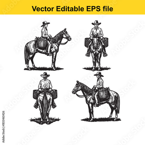 collection of four vintage vector illustrations depicting cowboys or ranchers riding horses from different perspectives, rendered in a detailed black and white engraving style