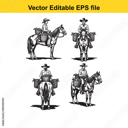 collection of four vintage black and white vector illustrations depicting cowboys or farmers riding horses loaded with baskets, perfect for western or rural themes