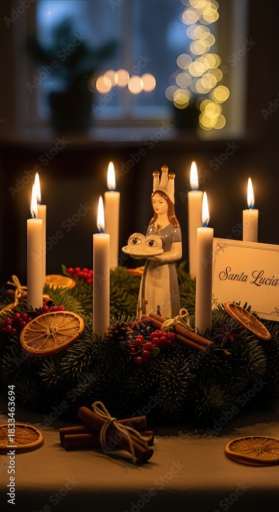 Obraz premium Lucia feast honoring Saint, warm glowing white candles illuminate a fresh evergreen wreath, figurine wearing a crown of light holds sweet saffron buns, traditional winter holiday.