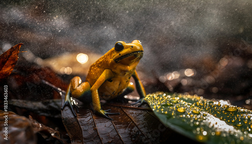 A vibrant golden poison dart frog resting on a wet leaf in the rainforest.