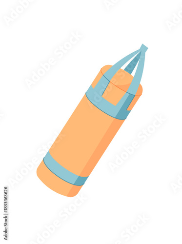 Flat boxing bag sticker for sport. Strong gym equipment for fitness and workout. Essential training tool boxer and athlete, dynamic healthy lifestyle image.