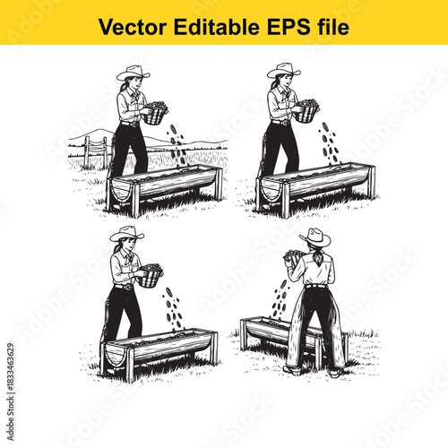 set of four black and white vector illustrations depicting a female farmer wearing a cowboy hat and overalls feeding livestock by pouring grain into a wooden trough in a rural setting
