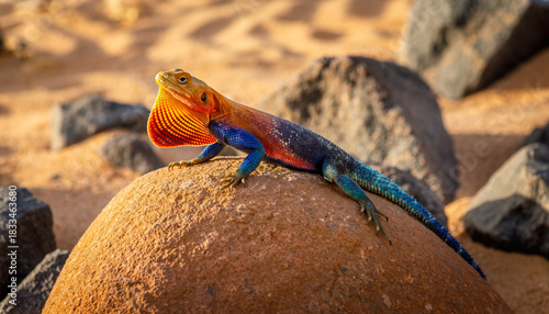 A vibrant male Agama lizard displaying its colorful red and blue scales.