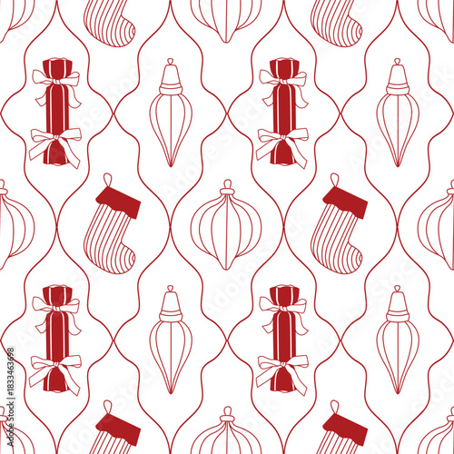 Hand-drawn Christmas seamless pattern with ornaments and gift and stockings in red color