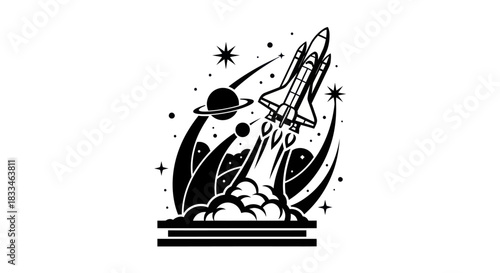 Rocket ship soaring through space with planets and stars in the background.