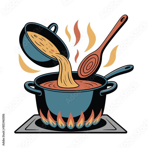 Hot soup is being poured into a pot on a stove with flames.