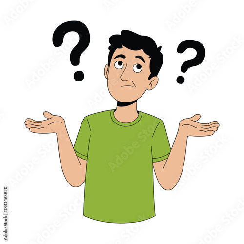 A person shrugging with question marks above their head, indicating confusion.