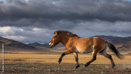 A wild Przewalskis horse running freely in its natural habitat.