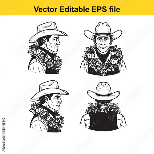 set of four vector illustrations depicting a cowboy wearing a widebrimmed hat and a lei of flowers, shown from different angles, isolated on white background