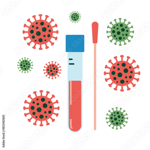 Illustration of a COVID-19 test kit with virus particles surrounding it.