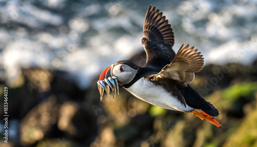 Atlantic puffin in full flight carrying a beak full of sand eels.