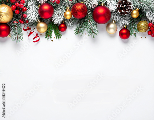 Festive Christmas Garland Border with Red and Gold Ornaments on Snowy Pine Branches.