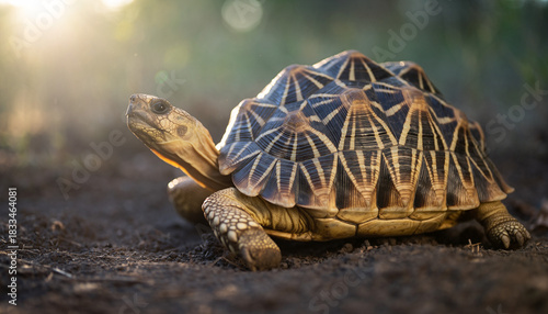 Burmese star tortoise with intricate shell pattern walking outdoors.