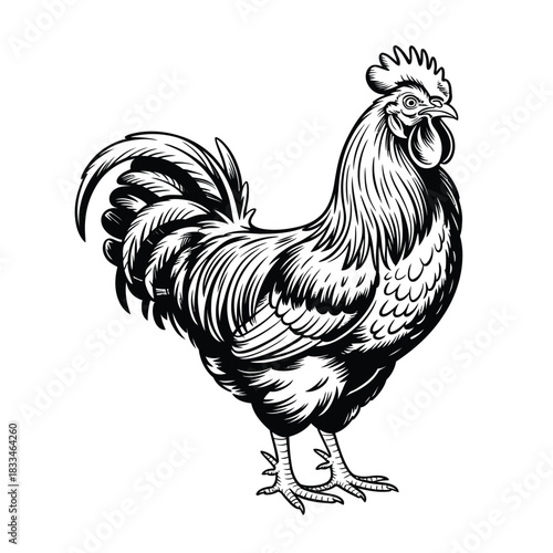 A detailed illustration of a rooster standing proudly on a white background.