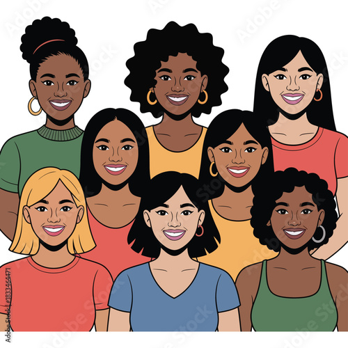 A diverse group of women stand together smiling, representing unity and friendship.