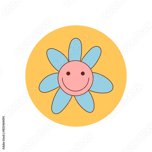 Groovy y2k sticker shows a cute happy cartoon flower and smiley. Bright yellow and blue colors give retro, groovy element style. Perfect for package seal or box label, adds cheerful vintage pop.