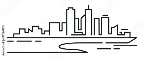 A minimalist line drawing depicts a city skyline reflected in water.