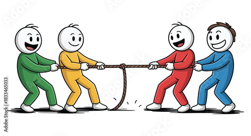 Teams engage in a tug-of-war match, representing competition and effort.