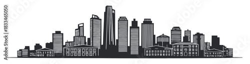 The silhouette of a city skyline with tall buildings and a white background.