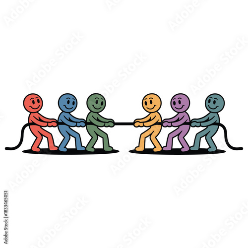 Teams play tug-of-war, illustrating competition and struggle.