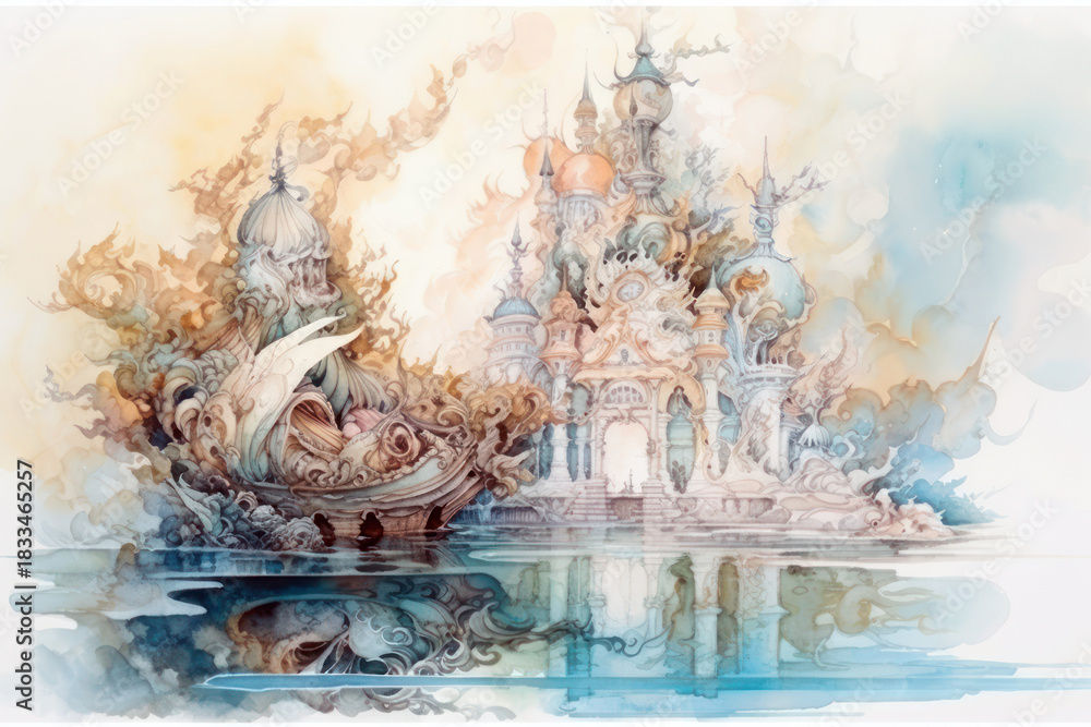 Fototapeta premium A fantasy watercolor illustration featuring an elegant castle and a decorative boat on the water.