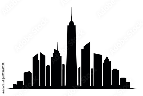 A stark black silhouette of a modern city skyline against a white background.
