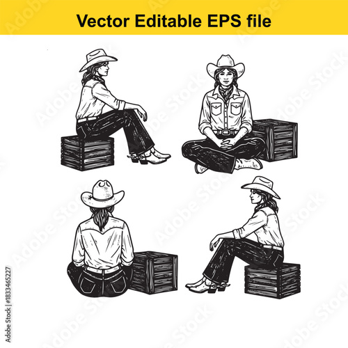 collection of four black and white vector illustrations depicting a cowgirl sitting on wooden crates from different angles, perfect for western theme designs