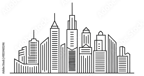 A stylized outline of a city skyline composed of various modern skyscrapers and buildings.