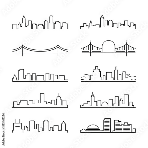 A collection of line art illustrations depicting various city skylines and bridges.