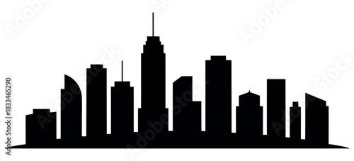 A silhouette of a city skyline showcases modern skyscrapers against a clean white background.
