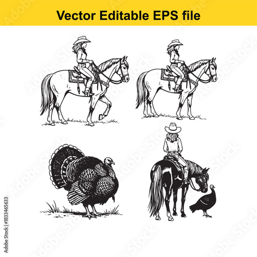 vector editable eps file featuring black and white line art illustrations of cowboys riding horses and detailed drawings of turkeys, perfect for rustic or western themes