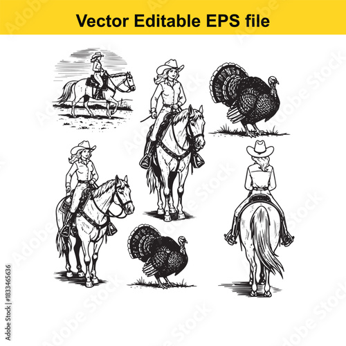 vector illustration set featuring cowboys and cowgirls riding horses alongside illustrations of turkeys in a black and white sketch style, perfect for western themes