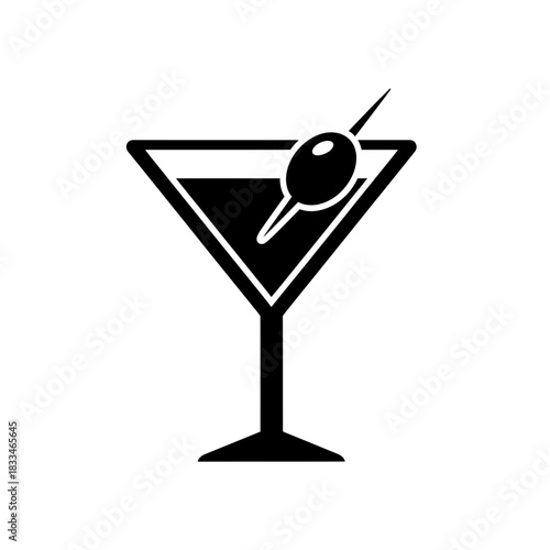 Filled black cocktail glass icon with olive