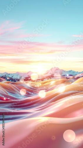 Serene Sunrise Over Snow Capped Mountains Illuminating Abstract Wavy Landscape With Soft Pastel Colors And Bokeh Lights