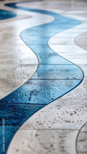 Close up of a Wet Wavy Blue and White Patterned Floor with Reflections in Natural Light