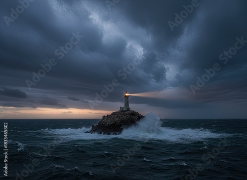 Isolated Lighthouse Stands Tall Against Stormy Seas With Crashing Waves And Dramatic Dark Clouds Illuminated By Warm Light
