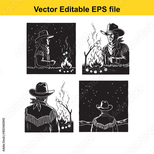 collection of four black and white vector illustrations depicting cowboys sitting around a campfire at night, showing different perspectives and activities like roasting marshmallows