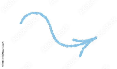 Hand drawn wavy arrow with crayon sketch style in blue. Grungy icon element with a scribble stroke and rough handdrawn look for creative backgrounds or art projects.