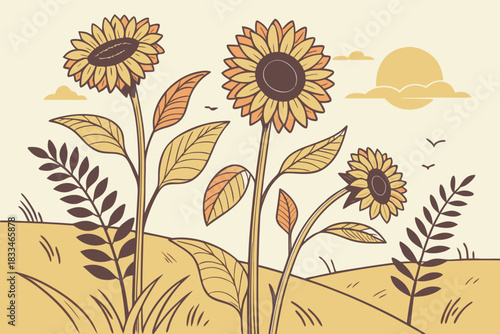 Charming vintage style illustration of three tall sunflowers blooming in a field under a warm, stylized sun, featuring earthy tones and detailed line art