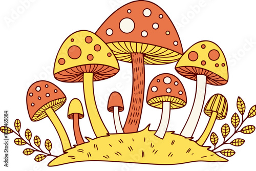 Cute hand drawn illustration of a group of colorful toadstools and mushrooms growing together on a patch of ground with small leaves, isolated on