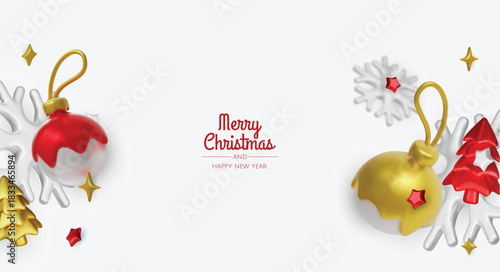 Stylish winter holiday banner featuring shiny violet baubles, snowflakes, and copy space, ideal for sales, ads, and seasonal marketing.