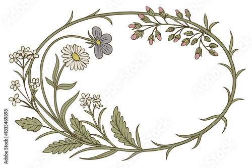 Elegant oval frame illustration featuring delicate wildflowers and thorny vine branches in a vintage botanical style, isolated on