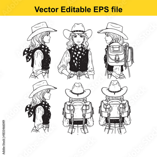 set of six black and white vector illustrations showing a female cowboy character from various angles, including front, side, and back views with and without a backpack