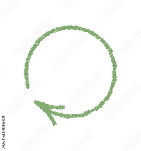 Hand drawn green crayon swirl arrow icon forms a bold circular stroke with sketch element style. This textured pointer and curved circle design adds an abstract look for modern creative templates.