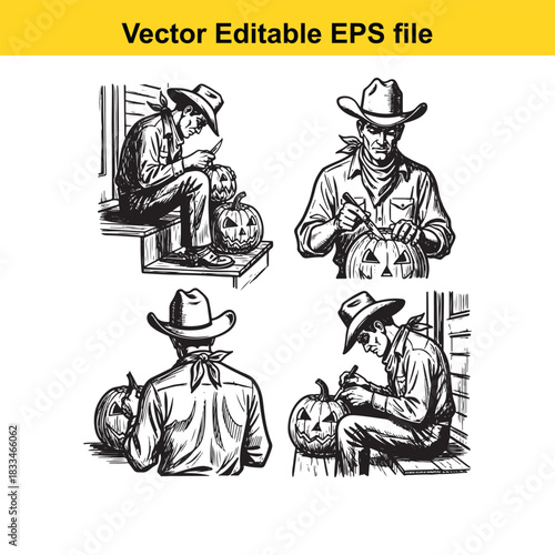 collection of four black and white vector illustrations depicting a cowboy carving pumpkins, suitable for halloween or western themes, isolated on white background