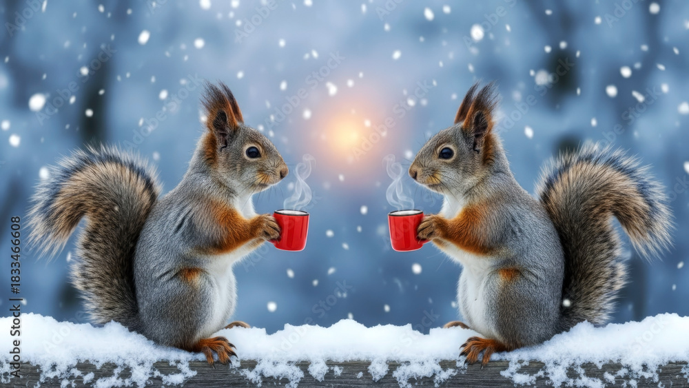 Obraz premium Two cheerful squirrels sit on a snowy tree trunk, facing each other and sipping steaming red coffee cups in a cozy, festive winter moment.